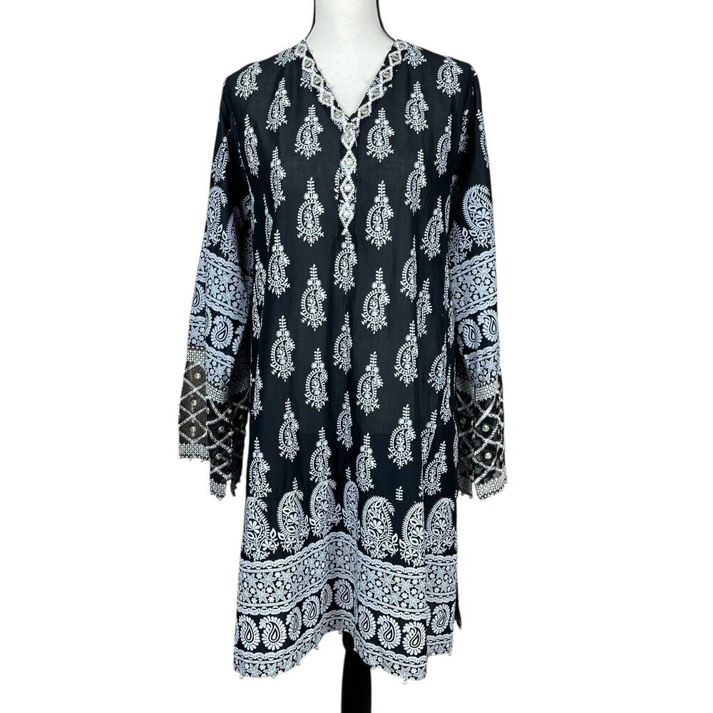 Khaadi Women's Tunic Kurta 16 Black Paisley Cotton Silk Trim V‑Neck Embroidered